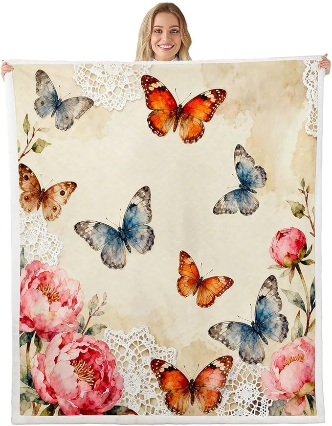 Feelyou Girls Butterfly Fleece Throw Blanket Baby 30"x40" Kids Colorful Sherpa Blanket Plush Fuzzy for Bed Couch Chair Living Room, Chic Gorgeous Bed Blanket Noble Flower Room Decor