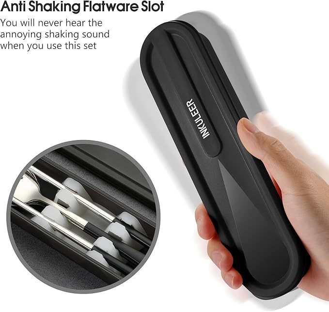 Travel cutlery set, 18/8 stainless steel cutlery, Reusable utensils set with case, Portable Silverware Lunch Box for Camping and Office (Black)