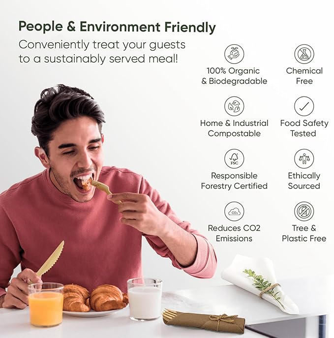 Premium Pre Rolled Napkin and Bamboo Cutlery Set with Brown Napkins (30 Pack, 120 PCS) 100% Biodegradable, Eco-Friendly, Disposable Wrapped Cutlery - Pre-Wrapped Bamboo Forks, Knives, Spoons