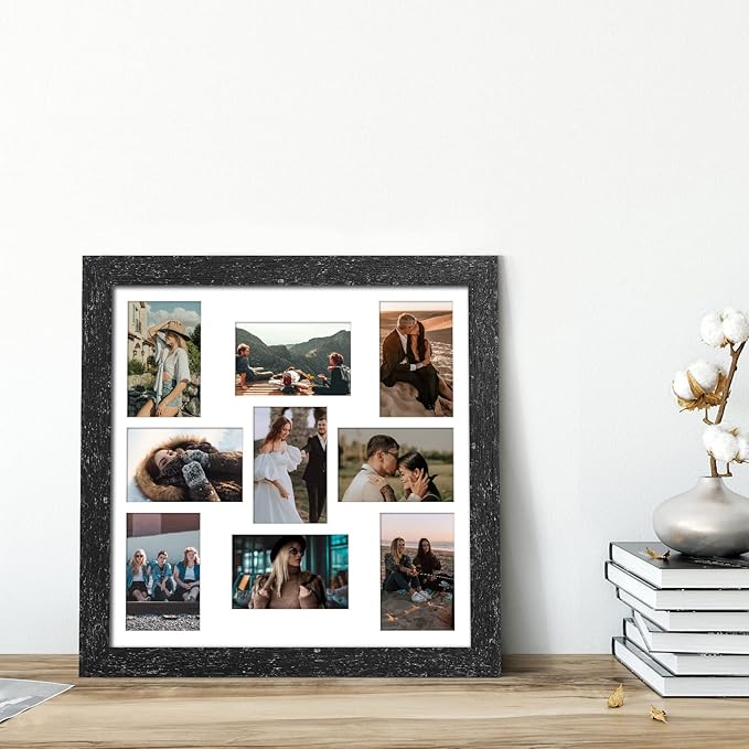 17x17 Picture Frame Display 9 opening 4X6 Picture Frame Collage,Multi Photo Frame with Mat,Plexiglass,Wall Mount Decor,Black Wood Grain