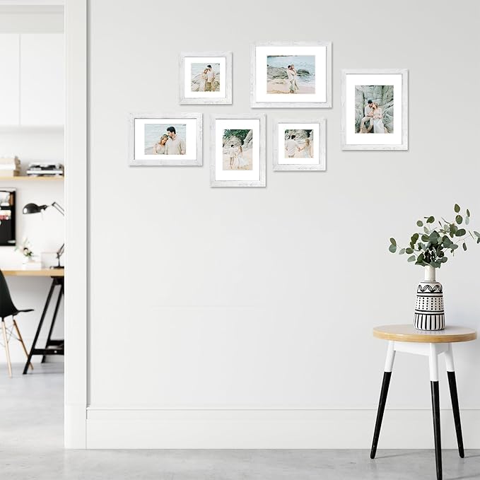 iRahmen 8x12 Picture Frame Set of 4 with High Definition Glass, Distressed White Frame Display 6x8 Picture with Mat or 8 x 12 Without Mat, Wood Rustic Photo Frames for Tabletop and Wall Mounting