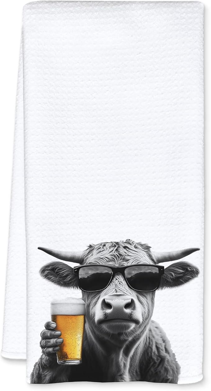 Funny Cow Beer Kitchen Towels, Cow Gifts Dish Tea Towels for Kitchen Decor, Bar Towel for Bartender Kitchen, Beer Lover Gift, 16x24 Inch