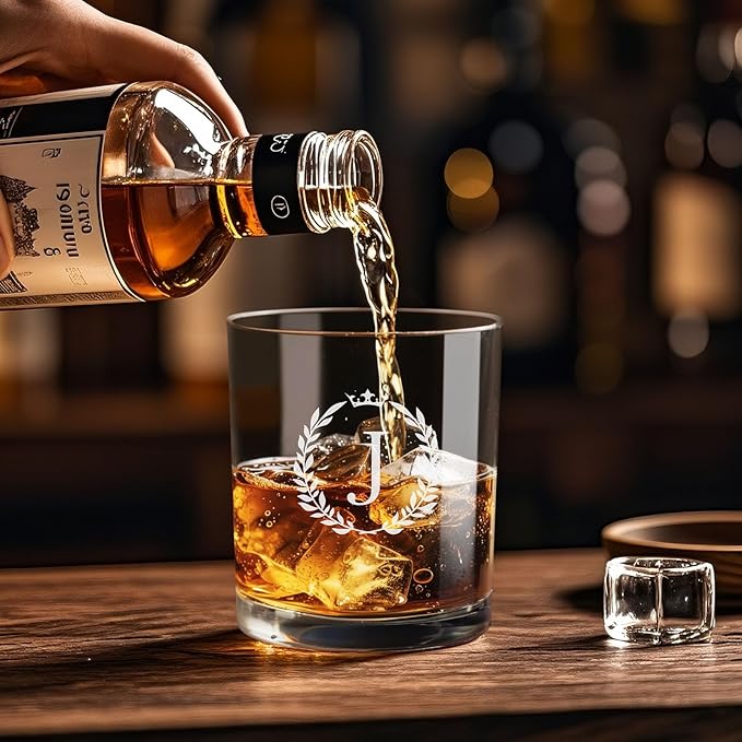 Personalized Whiskey Glasses Gifts for Men, Monogrammed Engraved A-Z 10.6 oz Rocks Glass Customized Gift, Unique Christmas Birthday Gifts for Men Him Dad Husband Brother Son (J)