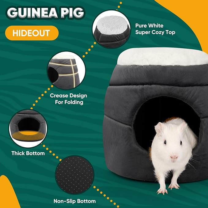 Guinea Pig Hideout - 2 in 1 Foldable Guinea Pig Bed with Pure White Soft Top, Large Entrance for 1 Adult Small Pet, Ideal Bed for Small Pets, Dark Gray
