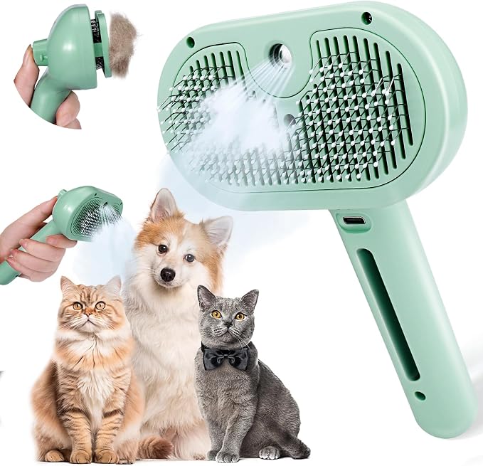 Bunny Ferret Steam Brush Release Button Self Cleaning Spray Comb for Long and Short Hair Cats Rechargeable Steaming Cat Grooming Brush Steamer to Remove Loose Hair (Green)