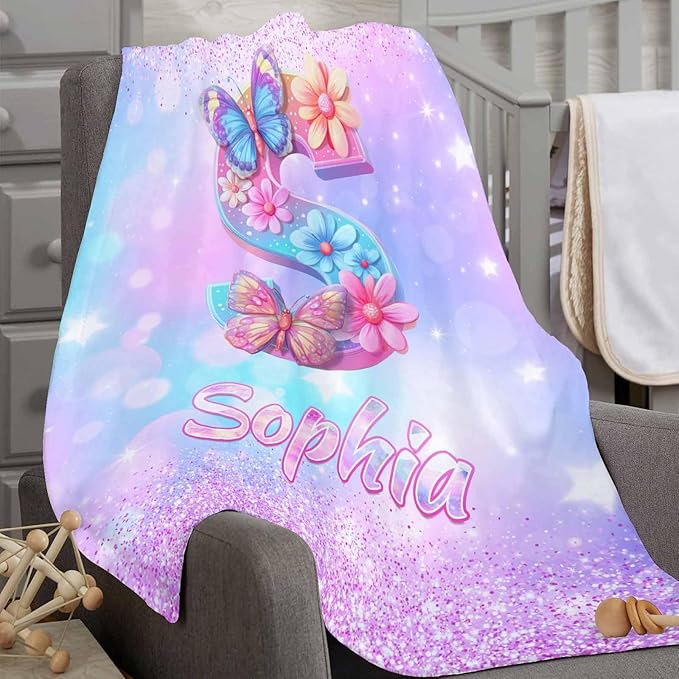 D-Story Ship Next Day, Personalized Baby Blanket with Name, Custom Baby Blanket for Kids, Butterfly Blankets in Easter Personalized Baby Gifts for Infant Newborn Shower