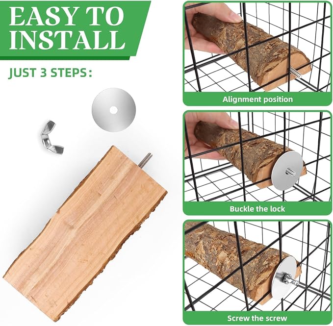 2 Pcs Natural Apple Wood Bird Perch Platform for Cage | Fits Small Parrots (Budgies, Conures) | Flat Top & Bark Underside to Support Foot Health | Tool-Free Mount