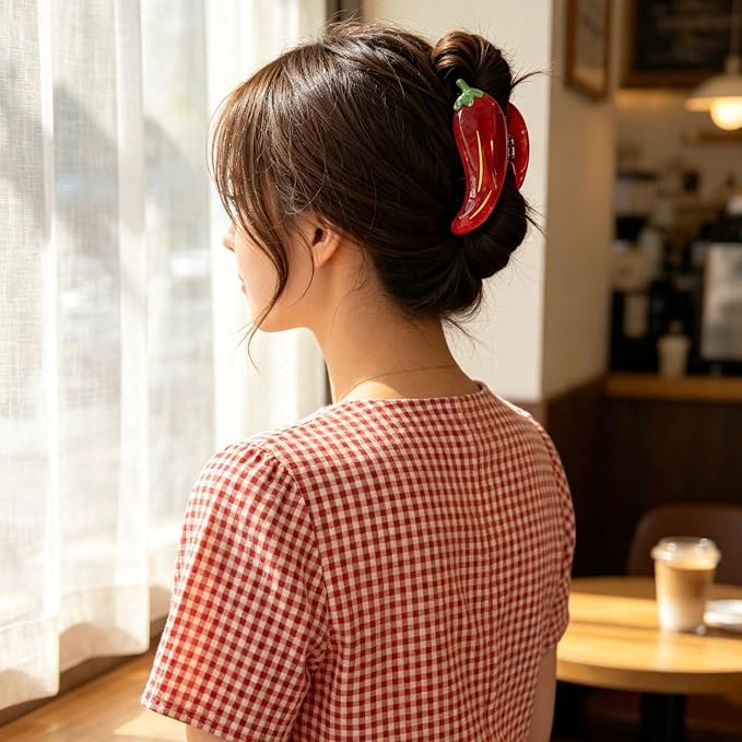 Red Chili Pepper Hair Clips Vegetable Hair Claw Clips Acrylic Hair Jaw Clip | Strong Hold Hair Barrettes Funny Chili Hair Clamp with Leaf Summer Autumn Winter Daily Holiday Hairstyle Accessory for Women