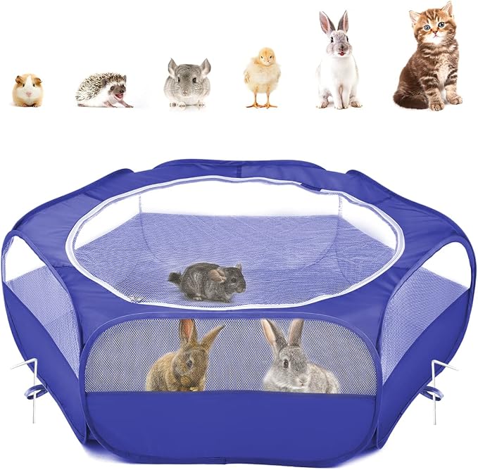 Pawaboo Small Animal Playpen with Zippered Cover,Indigo | Portable pop-up pet tent for supervised rabbits, guinea pigs, chicks and kittens; water-resistant bottom and 3 metal rods