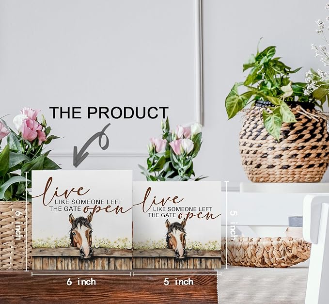 Horse Decor Sign, Farm House Cottagecore Animal Wooden Signs, Rustic Farmhouse Animal Live Like Someone Left The Gate Open Wood Sign Home Decor, Horse Gifts For Women 6x6