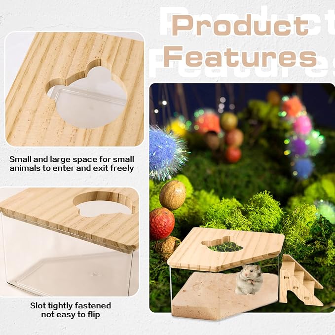 Hamster Sand Bath, Pentagon Acrylic Hamster Dig Box with Wood Cover, Sand Bath for Hamsters, Small Animals