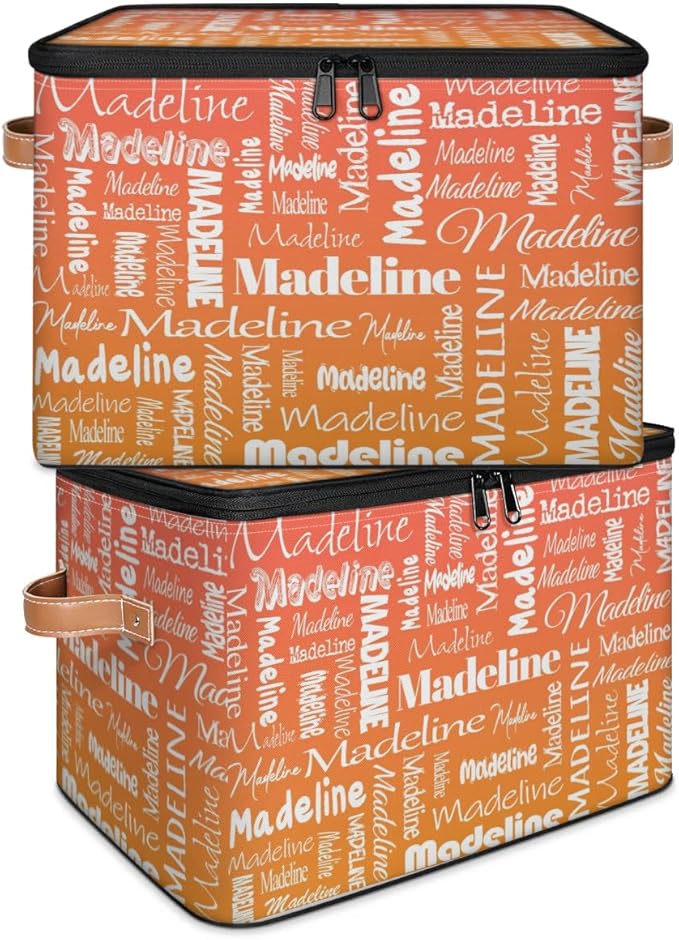 Custom Storage Basket with Name, Personalized Keepsake Box with Zipper Lid, Foldable Fabric Memory Bin Large capacity with Handle Orange