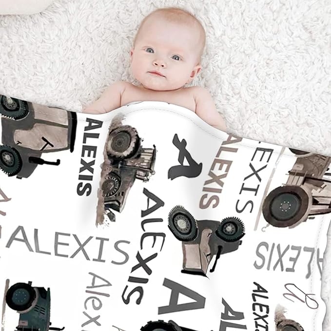 Personalized Tractors Blanket - Custom Name with Farm Tractor Trucks Design - Soft Plush Flannel Bed Blanket for Baby Kid Teen Boys Girls Customized Gifts White & Grey