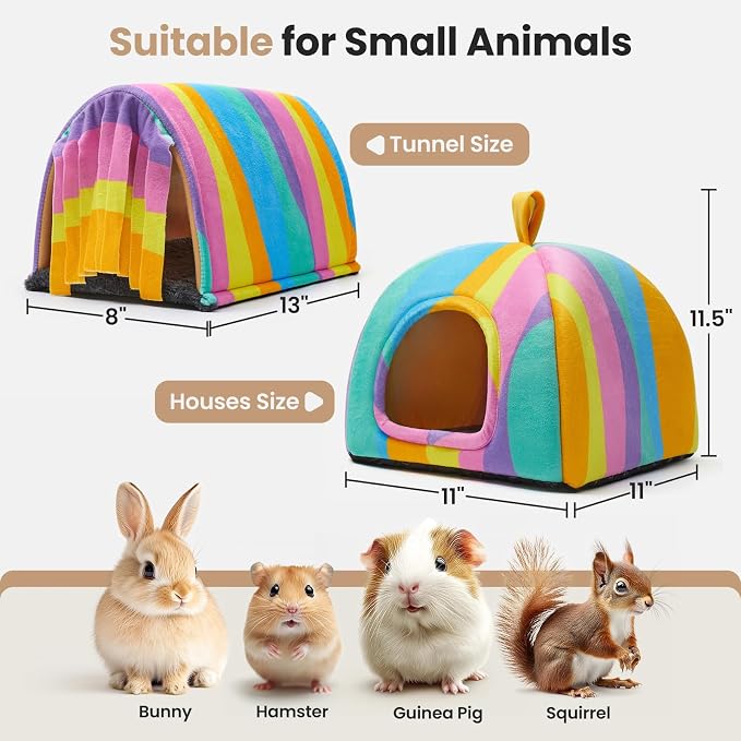 Guinea Pig Hideout Soft Large Bed Tunnel with Door Curtain 2 Pack Guinea Pig Toys Set Bunny Bed Cage Accessories for Small Animals (Rainbow)