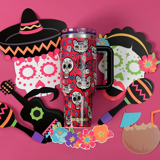 Jormungand 40 oz Tumbler with Handle and Straw, Vacuum Insulated Stainless Steel Cup & Water Bottle, Leakproof Lid, BPA-Free, Cup Holder Friendly for Travel, Keeps Drinks Hot & Cold Red Sugar Skull