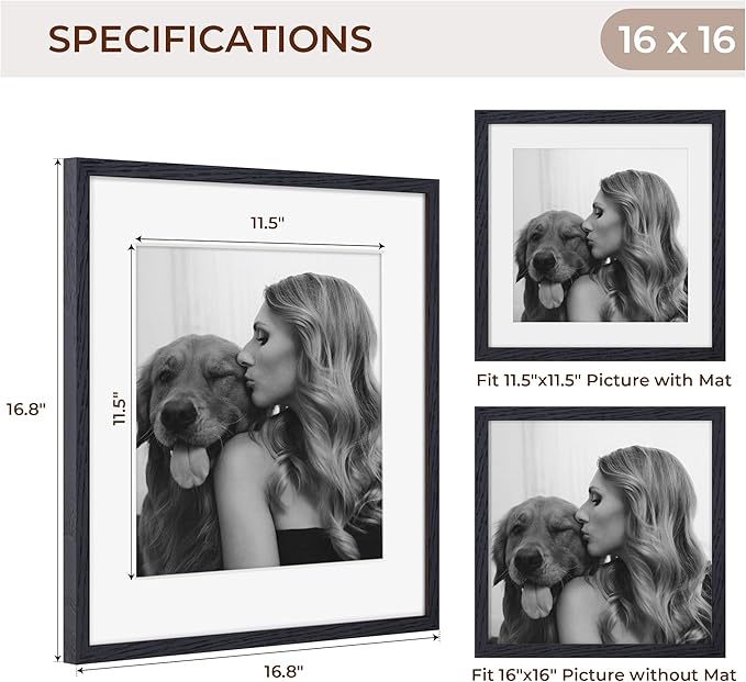16x16 Picture Frames, Solid Oak Wood Photo Frame 16 by 16, Rustic Wooden Square Picture Frame with Tempered Real Glass, 16 x 16 Square Frame Matted to 12 x 12, Black Color, Set of 2