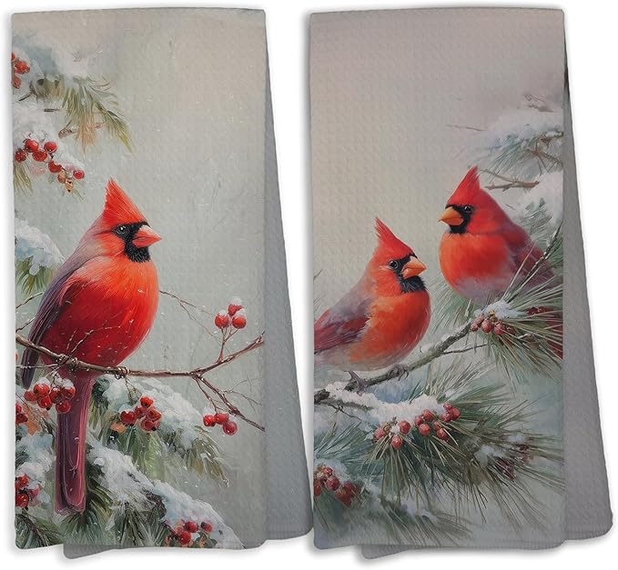 Winter Christmas Cardinal Snowy Woodland Kitchen Hand Towels,Red Bird Holly Berries Dish Towels for Kitchen Home,Vintage Rustic Winter Hand Towel Decorative Set for 2