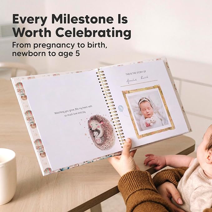 First 5 Years Baby Memory Book Girl, Boy - 90 Pages Hardcover First Year Milestone Keepsake Book, Newborn Scrapbook for New Parents, Minimalist Photo Album Journal, Gift for Baby Shower(AdventureLand)