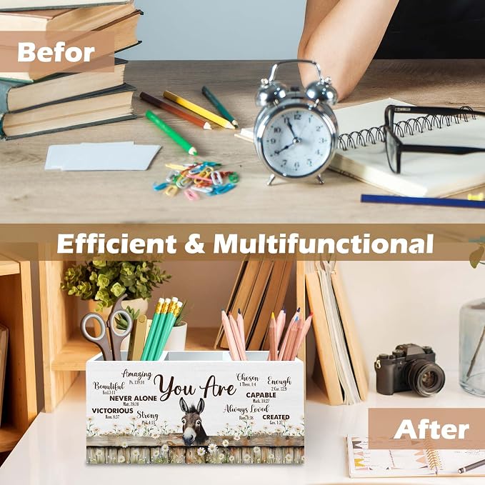 DILSJ Inspirational Donkey Pen Pencil Holder Organizer for Desk, Donkey Gifts for Women, Be Kind Be Brave Decor Wooden Box Signs for Home Office Desk Tabletop Decoration