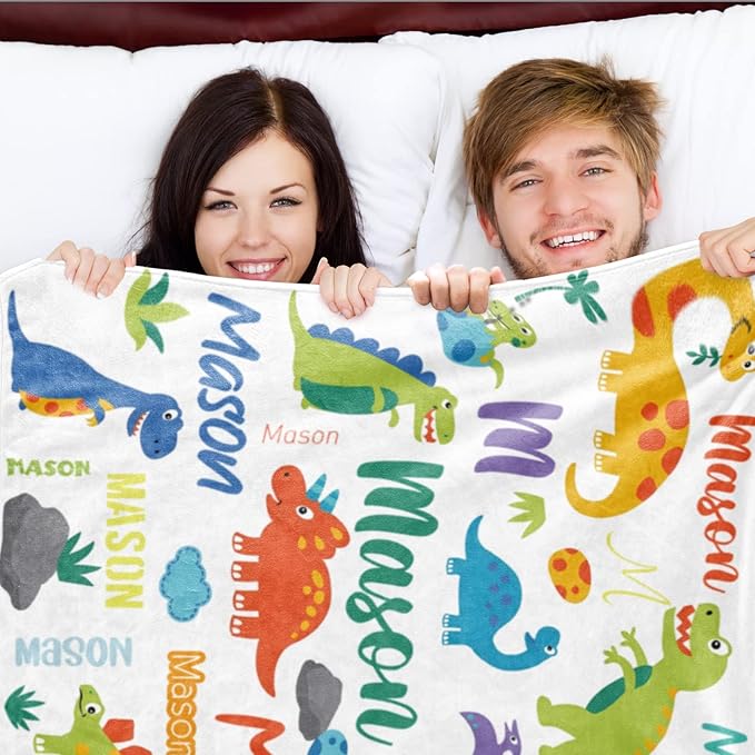 Personalized Dinosaur Blanket with Name for Boys, Custom Name Blanket for Kids Dino, Soft Flannel Dinosaur Toddler Blanket Customized Gift for Birthday Christmas Baby Shower Newborn Gift 60" X 80"