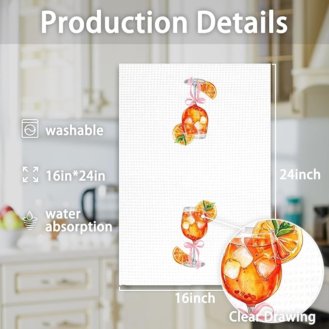 Aperol Spritz Decor Kitchen Towels, Aperol Spritz Gifts Hand Towels, Coquette Bow Cocktail Dish Tea Towel for Kitchen Home Bar Decorative, Gift for AperolSpritz Lovers Bar Cart Decor, 16x24In