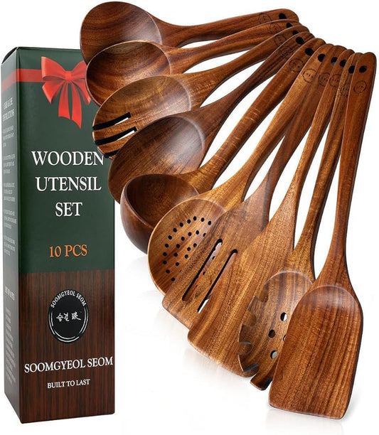 100% Natural Teak Wood Wooden Utensil Set – 10 Pcs Durable Kitchen Spoons for Cooking – Non-Stick & Heat Resistant, Eco-Friendly & Comfortable Grip