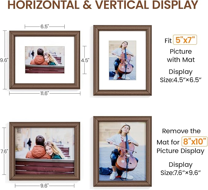 Natural Walnut 8x10 Picture Frames Mat to 5x7 Picture Display Set of 3,Original Wood Handcrafted 8x10 Wooden Photo Frame with Tempered Glass Graduation Family Wedding Pictures Tabletop & Wall Decor