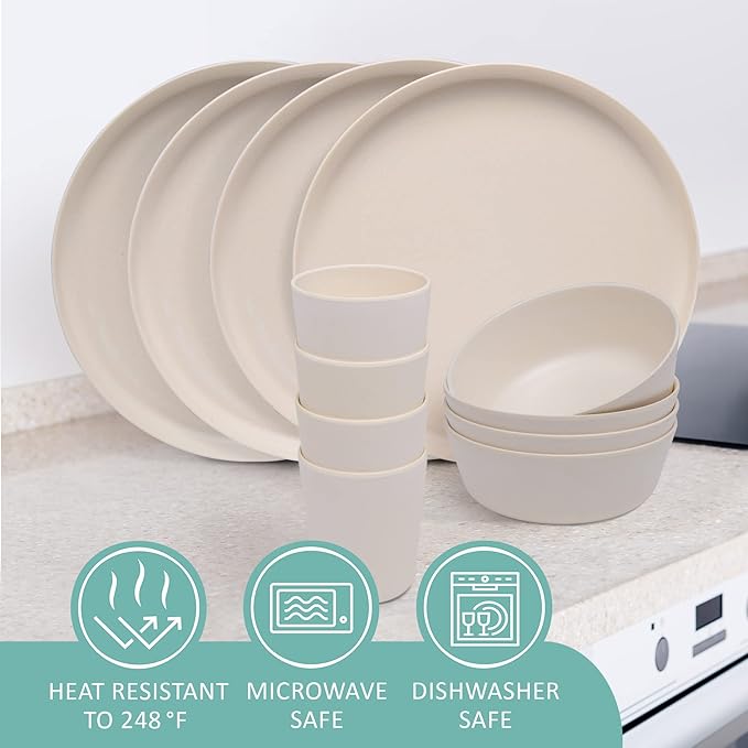 Home STRB-BF12W-12 Stephan Roberts Bamboo Dinnerware Set Eco-Friendly Bamboo Fiber Dinnerware 12 PC (Cereal Bowls Unbreakable Plates Cups)