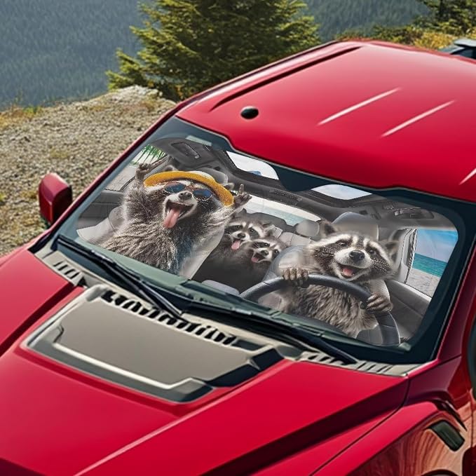 Funny Raccoon Car Front Windshield Sun Shade Universal Fit for Car Window Sunshades Cover Foldable Vehicle Windshield Protecion Heat Reduction Automotive Interior