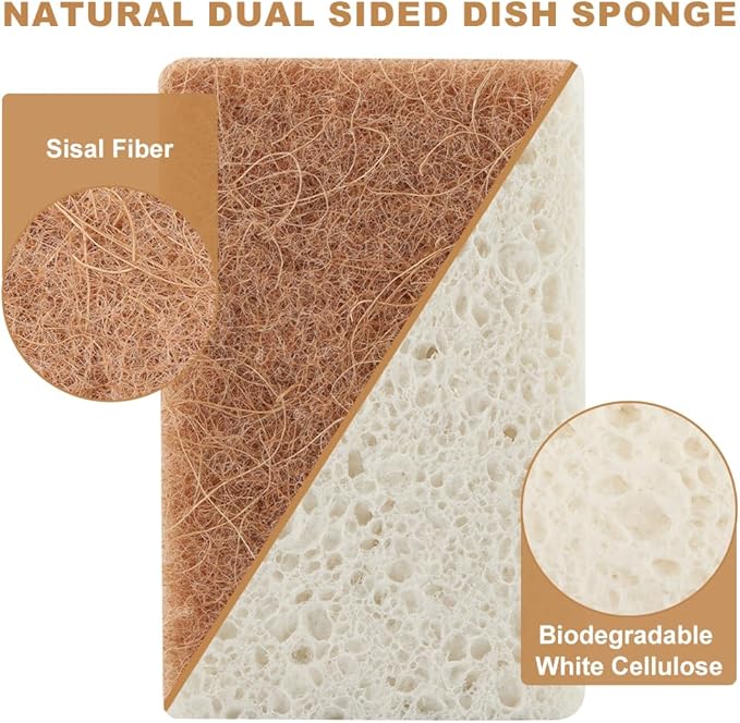12pcs Natural Sponges for Dishes, Biodegradable Compostable Cellulose and Coconut Scrubber Sponge, Non-Scratch Reusable Cleaning Sponge for Removing Dirt and Oil in The Kitchen(Brown+White)