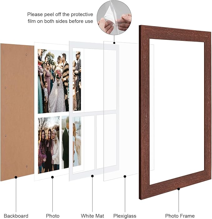 11x16 Picture Frame Display 3 opening Picture Frame 5x7 and 8x10 Collage,Multi Photo Frame with Mat,Plexiglass,Horizontal and Vertical Formats for Wall Decor,Walnut Wood Grain