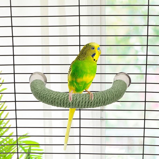 Hypeety U Shape Bird Hemp Rope Perch Parrot Paw Grinding Stand, Green, S | U shape, natural wood with hemp rope, grinding paw and beak naturally, birdcage accessories, for budgies/cockatiels/conures