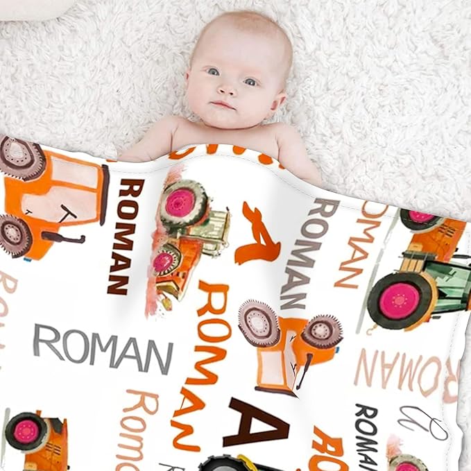 Personalized Tractors Blanket - Custom Name with Farm Tractor Trucks Design - Soft Plush Flannel Bed Blanket for Baby Kid Teen Boys Girls Customized Gifts White & Orange
