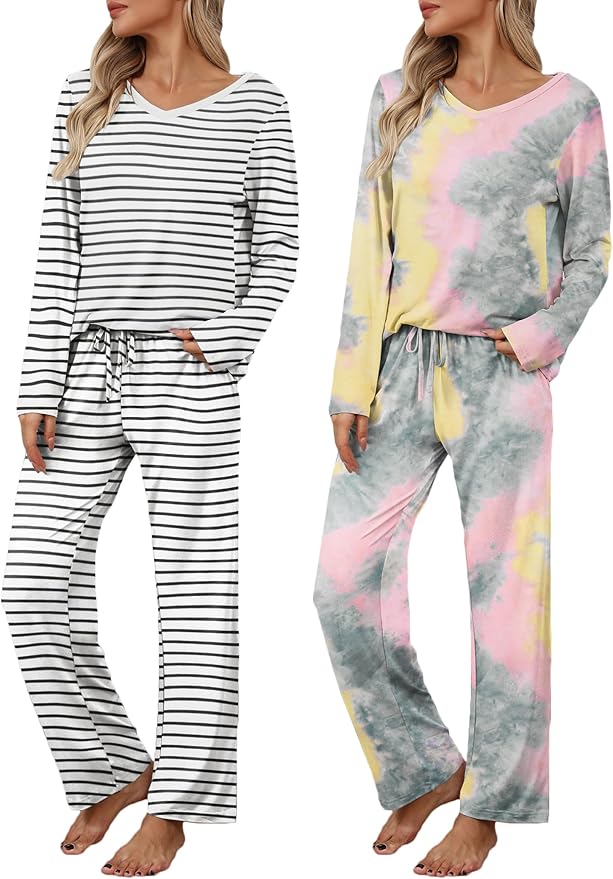 Ekouaer Womens 2 Pack Pajama Set Long Sleeve Pajamas Top and Pants V Neck Pjs Set Soft Loungewear with Pockets
