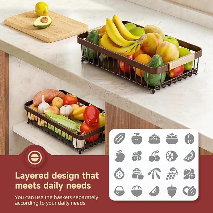 2 Tier Large Fruit Basket for Kitchen Counter with 2 Mobile Banana Hangers, 2026 Pro Detachable Metal Fruit Bowl with Wooden Handle (Brown, 2 Tier Extra Large)