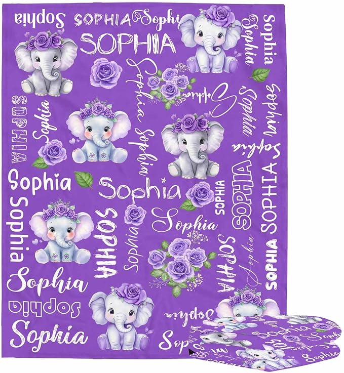 D-Story Ship Next Day, Personalized Baby Blanket, Custom Baby Blanket with Name for Girls and Boys, Elephant Blankets, Personalized Baby Gifts