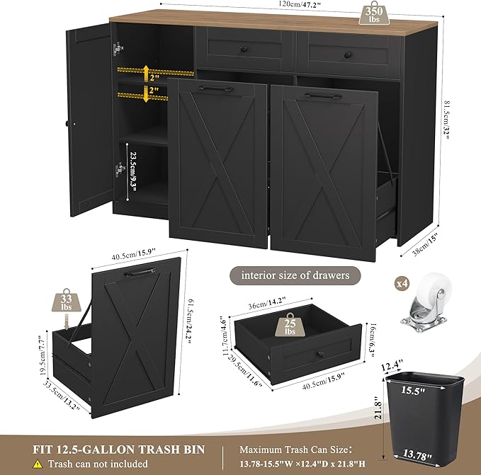 HOSTACK 12.5 Gallon Kitchen Trash Cabinet, 47" Double Trash Can Cabinet, Large Pull Out Can Storage Drawers, Wood Farmhouse Hidden Garbage Storage Buffet for Kitchen, Dining Room, Black