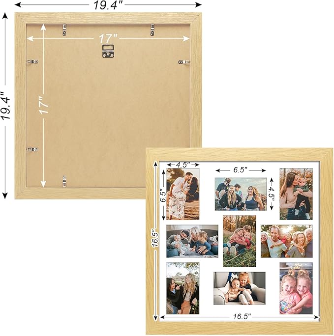 17x17 Picture Frame Display 9 opening 4X6 Picture Frame Collage,Multi Photo Frame with Mat,Plexiglass,Wall Mount Decor,Natural Wood Grain