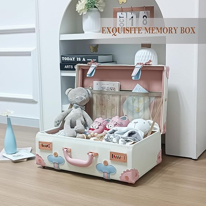 Unitravel Baby Keepsake Case, Handmade Memory Storage Box, Newborn Keepsake Box, Vintage Suitcase for Baby Shower, Baptism, Naming Ceremony or Birthday