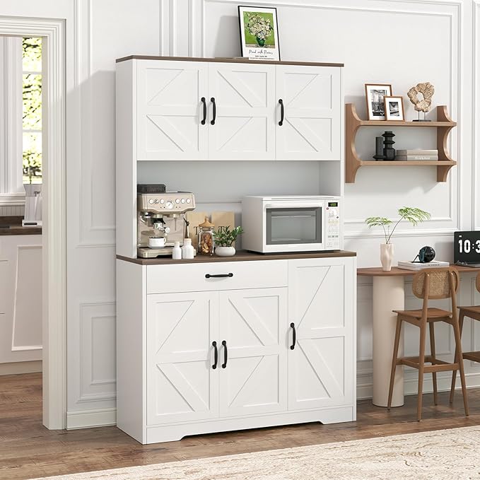 GRUSIGN 71" Pantry Cabinet with Charging Station, Large Capacity Kitchen Hutch Storage Cabinet, Kitchen Cabinet with Microwave Stand, Storage Drawers & Adjustable Shelves for Dining Room, White