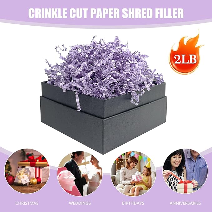Tisspoms Light Purple Crinkle Cut Paper Shred Filler, 2 LB Basket Filler Shredded Paper, Confetti Stuffing for Basket Filling, Halloween, Christmas, Birthdays, Gift Wrapping, Stuffer Party Supplies