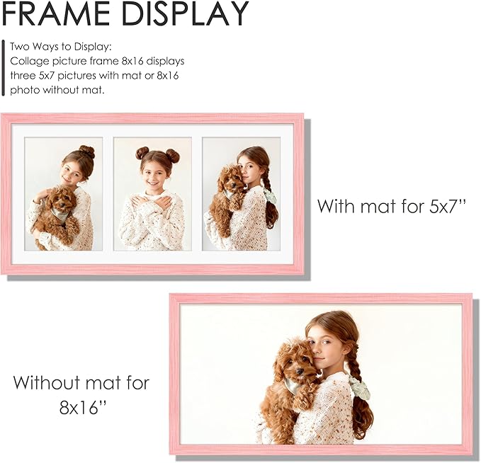 8x16 Collage Picture Frame 5x7 Collage Picture Frame Displays Three 5x7 inch Photos or 8x16 (Without Mat) for Available Horizontal Wall Mounting Display and Vertical Pink
