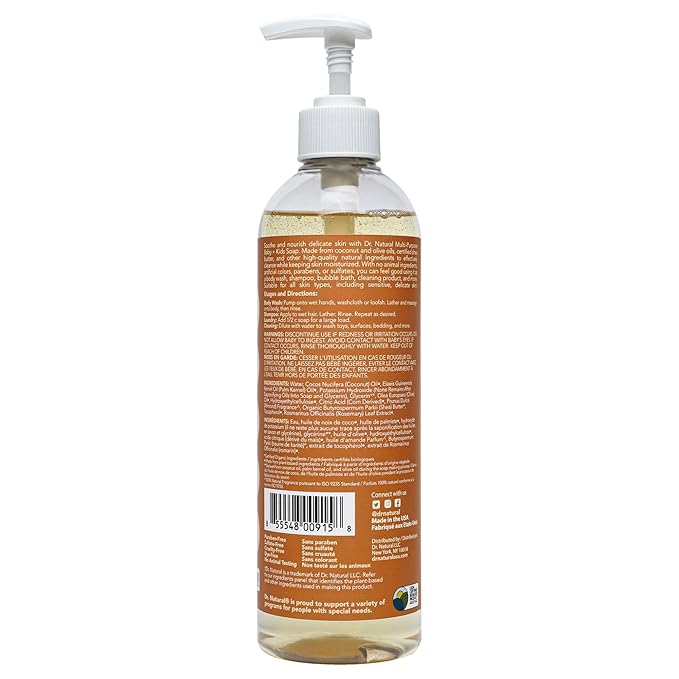 Dr. Natural Multi-Purpose Baby Plus Kids Soap - Body Wash and Shampoo - Gentle Soap with Shea Butter - Newborn Safe - Almond - 16 oz (Pack of 2)