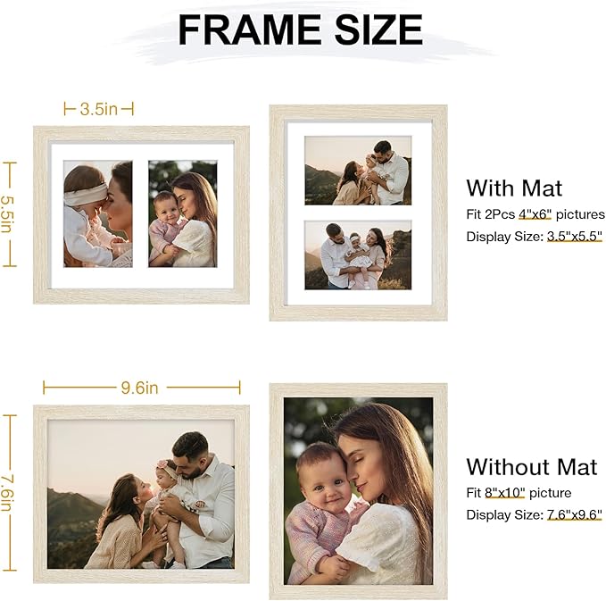 Vittanly 8x10 Collage Picture Frame, Displays 2Pcs 4x6 Pictures with Mat or 1Pcs 8x10 without Mat, Photo Frame for Wall Mounting or Table Top with Stand, Cornsilk, 1 Pack