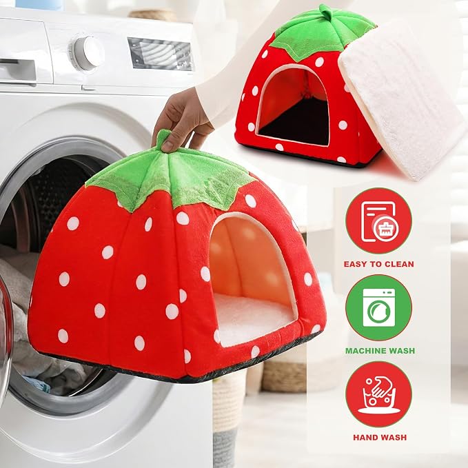 Guinea Pig Bed Rabbit Hideout Warm Fleece Cuddle Cup Washable Sleeping House for Small Animals Pet/Ferret/Chinchilla/Bunny Strawberry Red