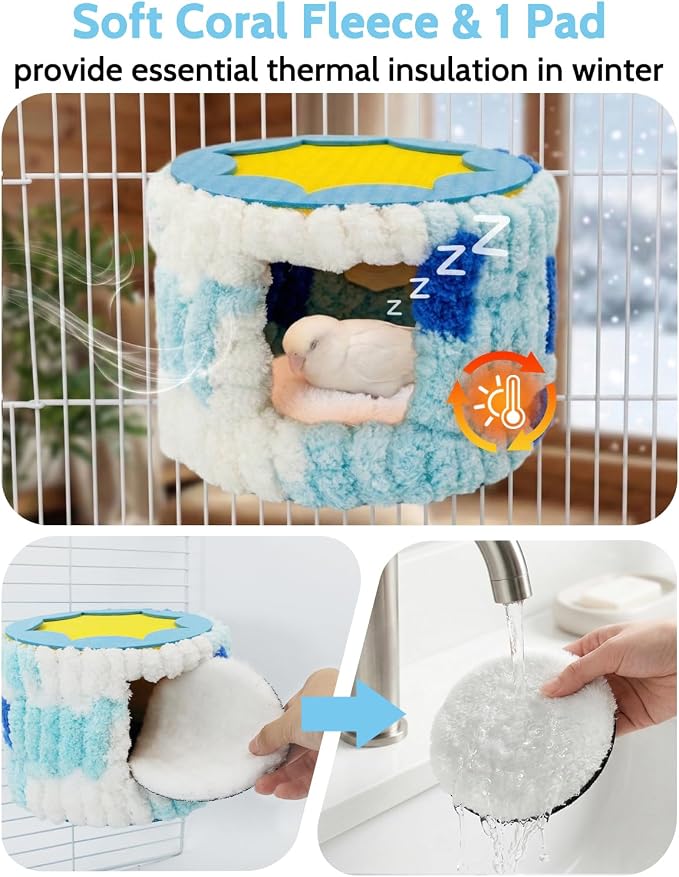 Bird Nest for Cage with Support Frame & Pad, Foot-Friendly Felt | Safe Hideout, Warm Bird Bed for Parakeets Lovebird Budgies, Winter Plush Coral Fleece Hammock Hut, Soft Washable Cozy House