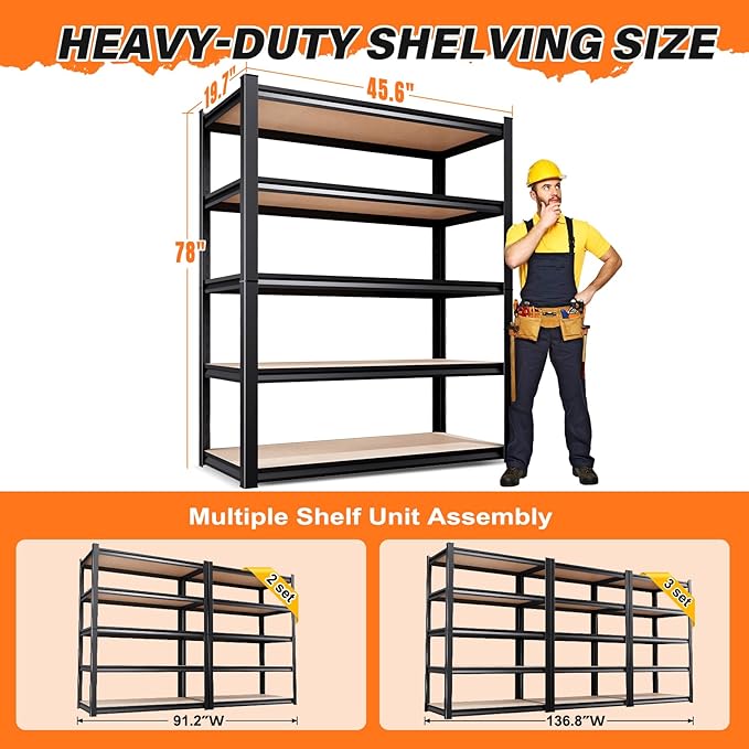 2-Piece Set 78''H*46''W Storage Shelves,3000LBS Garage Shelving,Adjustable Garage Shelves,Heavy Duty Metal Shelving, 5 Tier Wood Utility Steel Shelf, Shelving Units and Storage Rack 2Pack