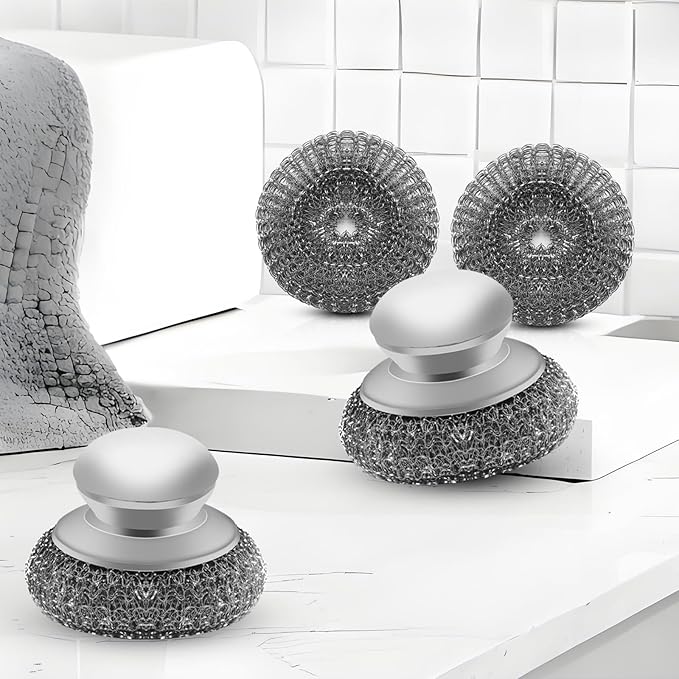 Stainless Steel Wool Scrubber with 2 Replacement Pads - Clean Metal Pans, Pots, Grills & More