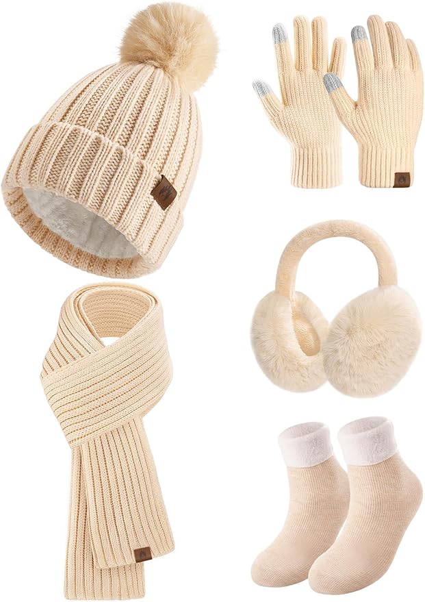 UMIPUBO Winter Beanie Hats Scarf Touch Screen Gloves Fuzzy Socks Ear Muffs 5pcs Set for Women Winter Ski Outing Set