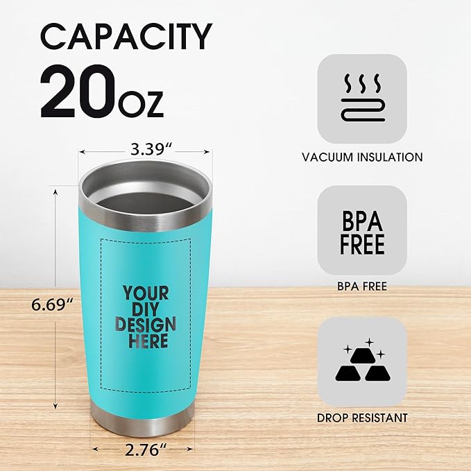 Personalized Custom Tumbler Print in USA 100 Pcs 20oz Stainless Steel Coffee Cup with Lid & Straw Double Wall Insulated Tumbler with Colorful Text Logo Photo